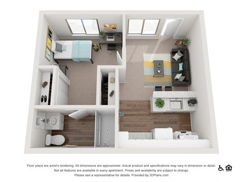Floor plan for 1 bed, 1 bath, 483 sqft
